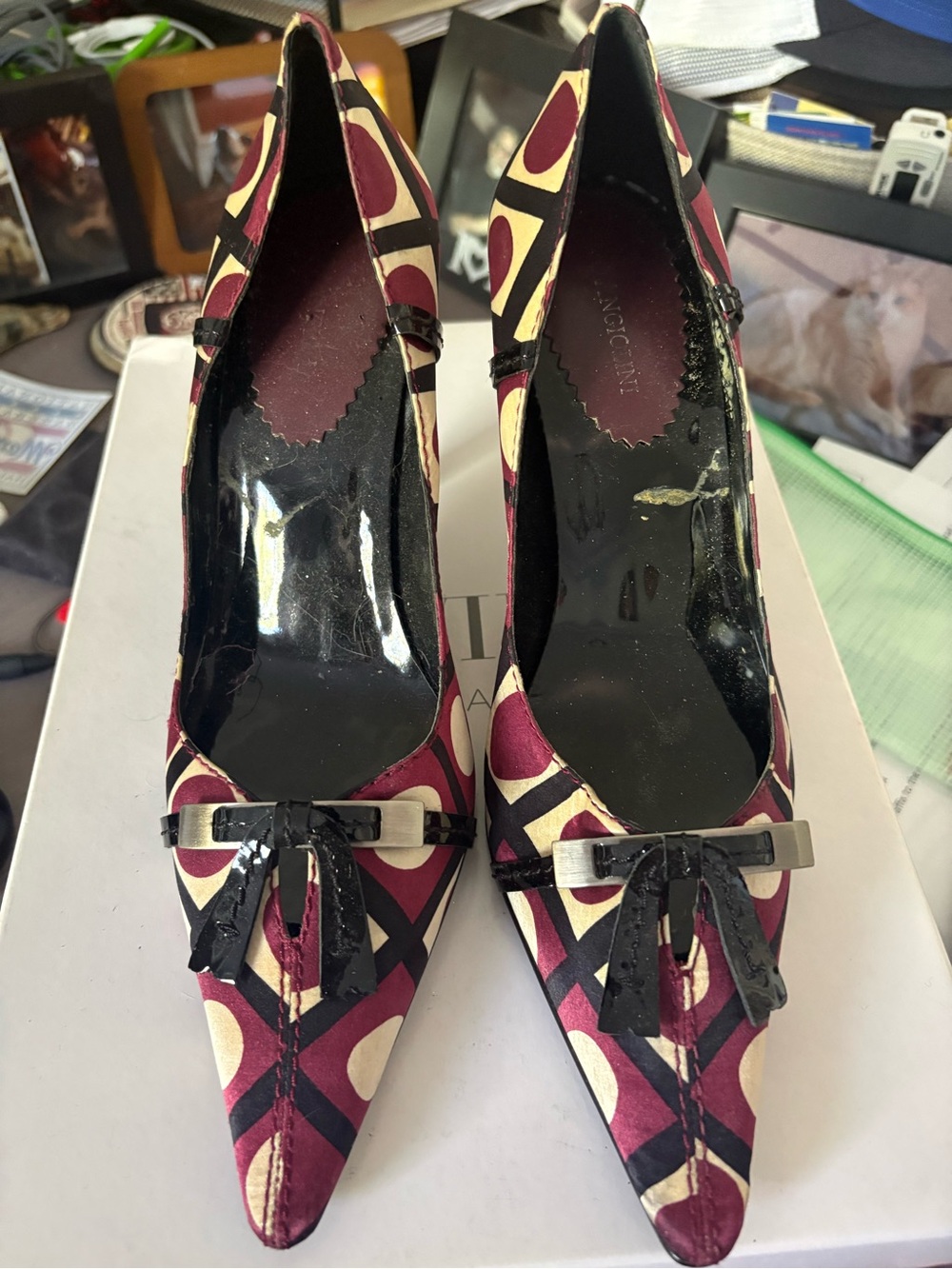 Enzo Angiolini Burgundy and Cream Geometric Pointed Tassel Pumps